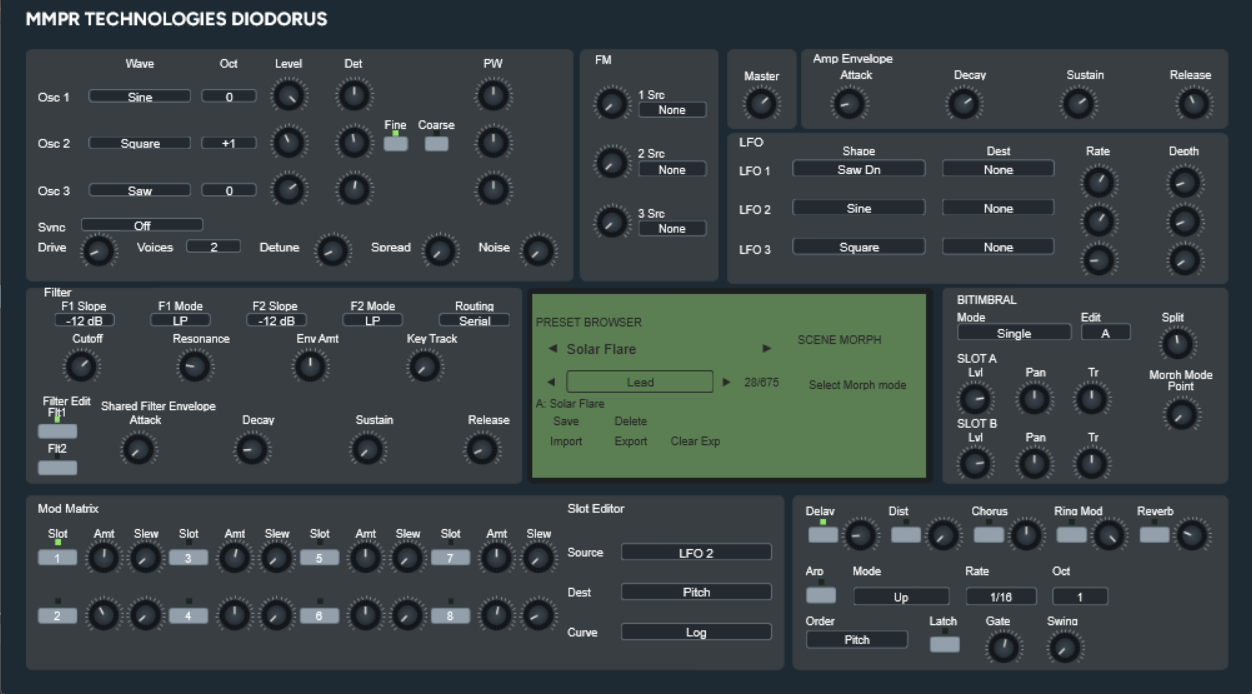 DIODORUS synthesizer interface showing three oscillators, FM sources, twin filters, preset browser with Scene Morph, bitimbral slots, an 8-slot modulation matrix, effects, and arpeggiator.