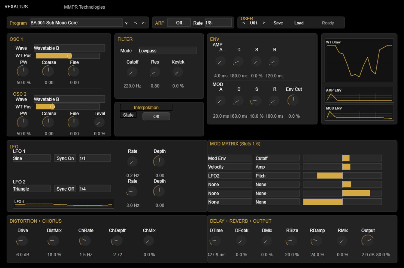 REXALTUS synthesizer interface showing oscillators, filter, envelopes, LFOs, modulation matrix, arpeggiator, and effects.