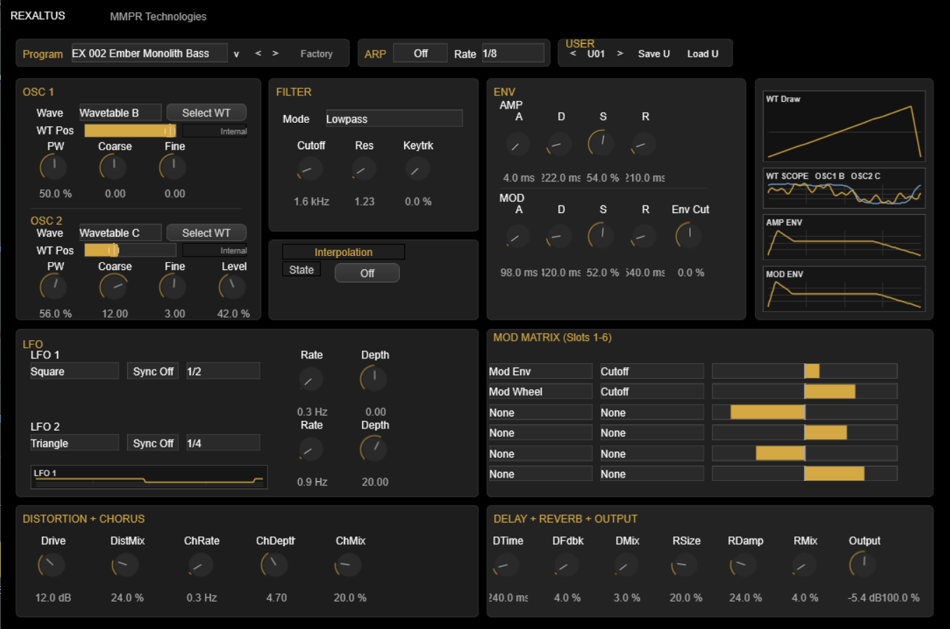 REXALTUS synthesizer interface showing oscillators, filter, envelopes, LFOs, modulation matrix, arpeggiator, and effects.